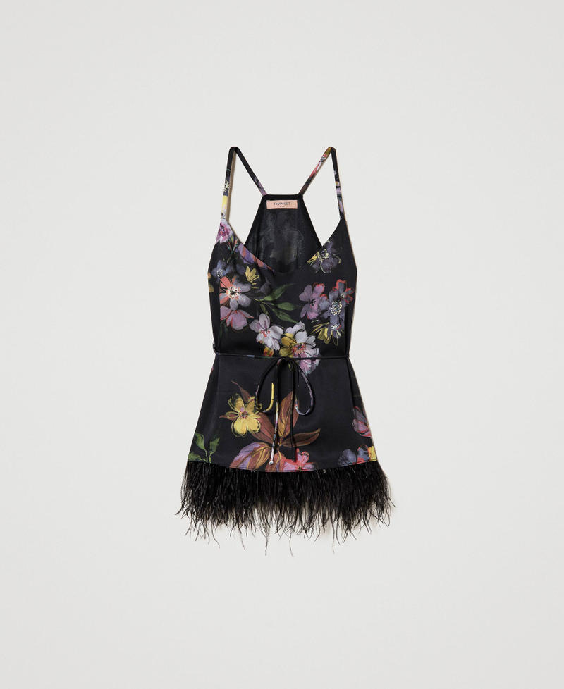 Top in twill a fiori con piume