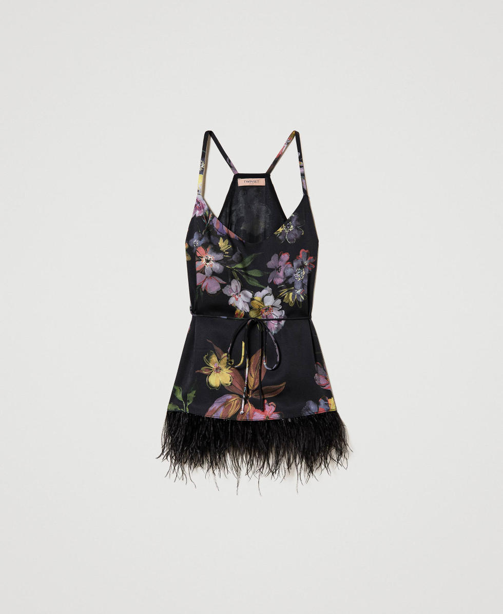 Top in twill a fiori con piume