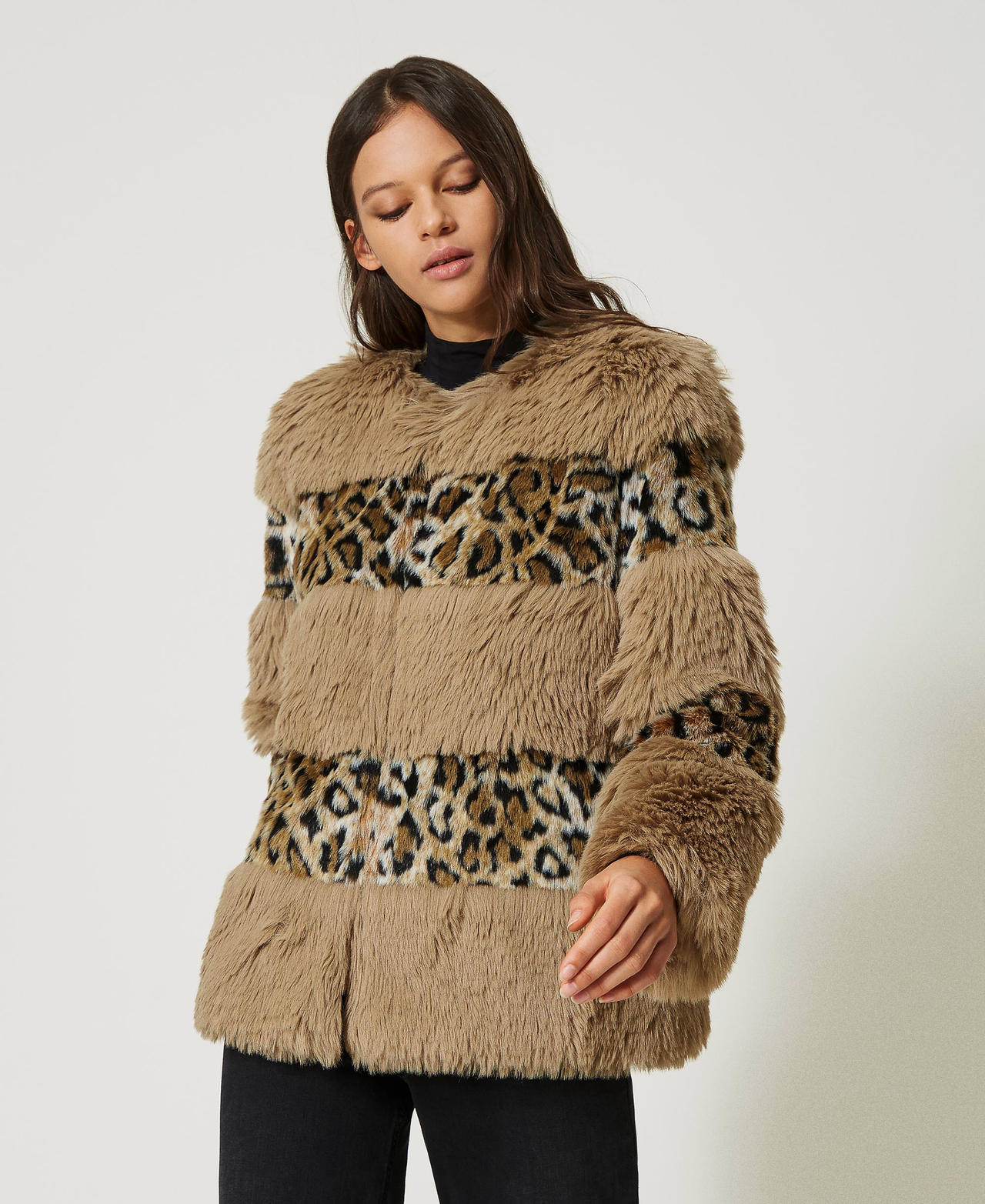 Faux fur jacket with animal print stripes