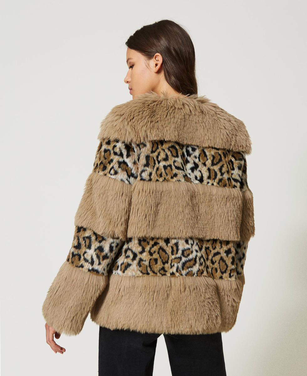 Faux fur jacket with animal print stripes Woman, Brown Faux fur jacket with animal print stripes Woman, Brown