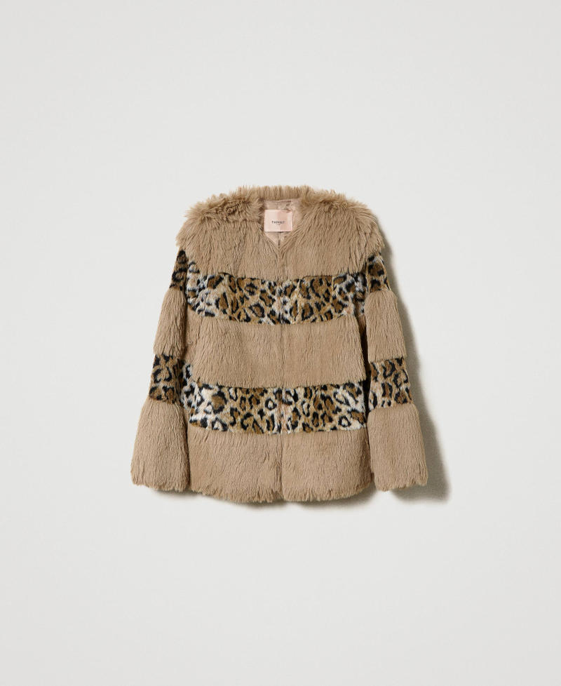 Faux fur jacket with animal print stripes Animal Print Patch / “Iced Coffee” Brown Woman 232TP2290-0S