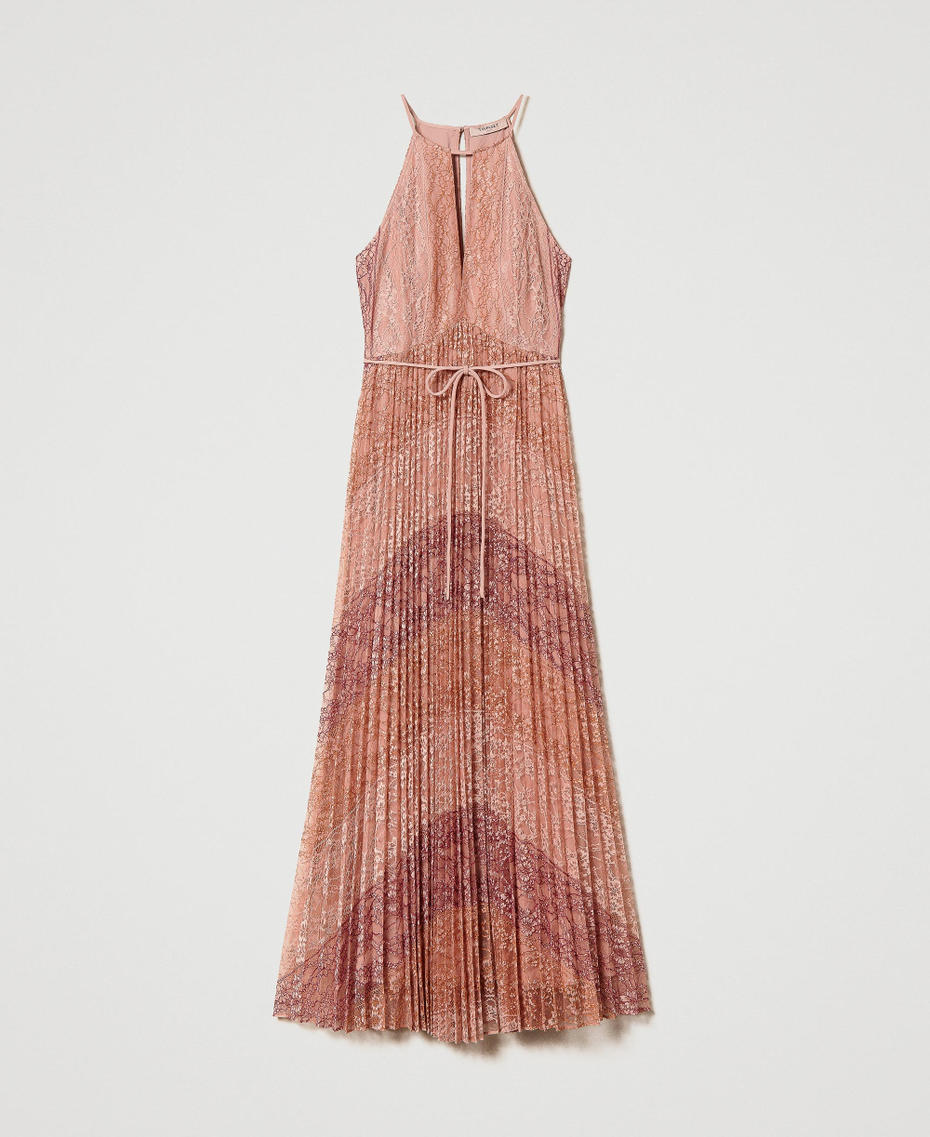 Длинное платье из плиссированного кружева шантильи Вышивка Кирпичный/Малина женщина 232TP2342-0S