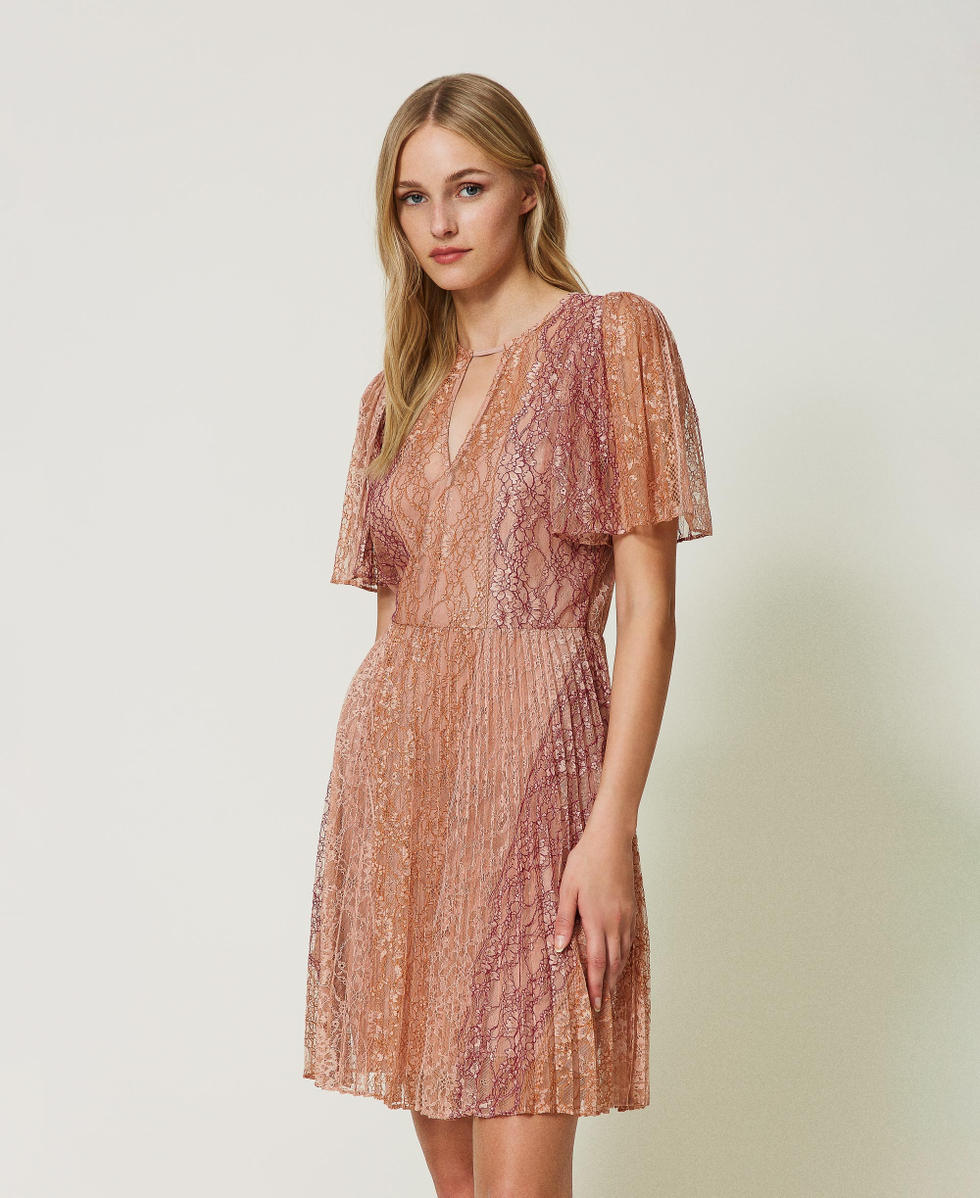 Short dress with pleated Chantilly lace Woman, Orange | TWINSET Milano