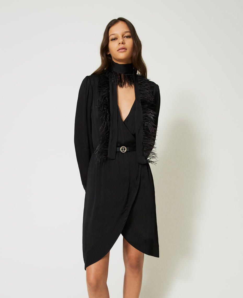 Short creponne satin dress with feathers