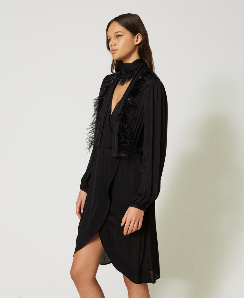 Short creponne satin dress with feathers