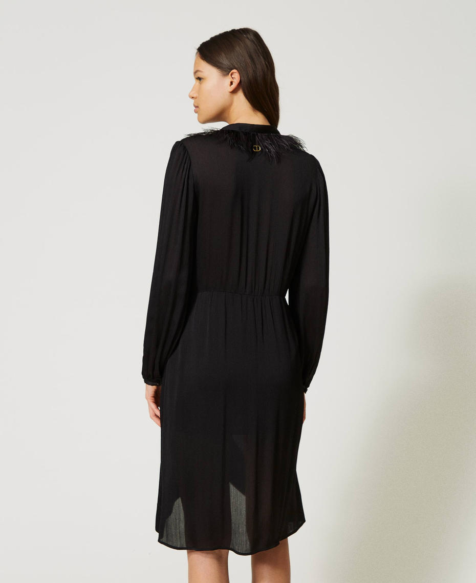 Short creponne satin dress with feathers