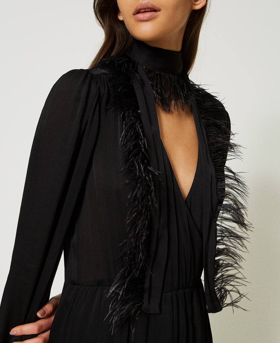 Short creponne satin dress with feathers