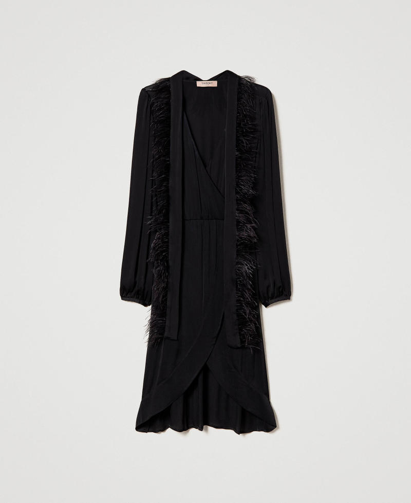 Short creponne satin dress with feathers