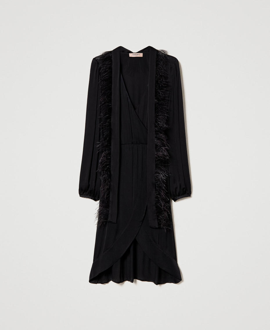 Short creponne satin dress with feathers