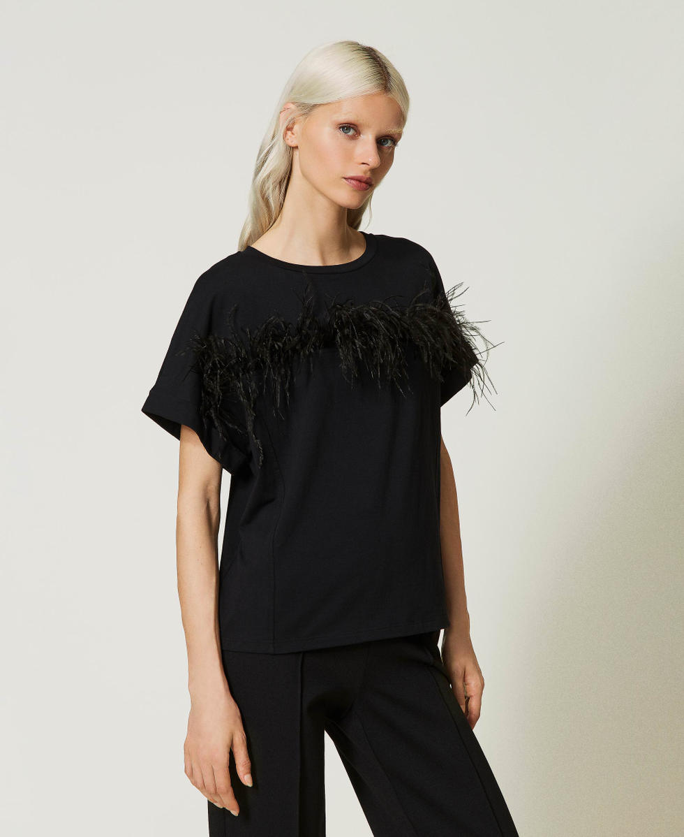 T shirt con piume sulle maniche cheap