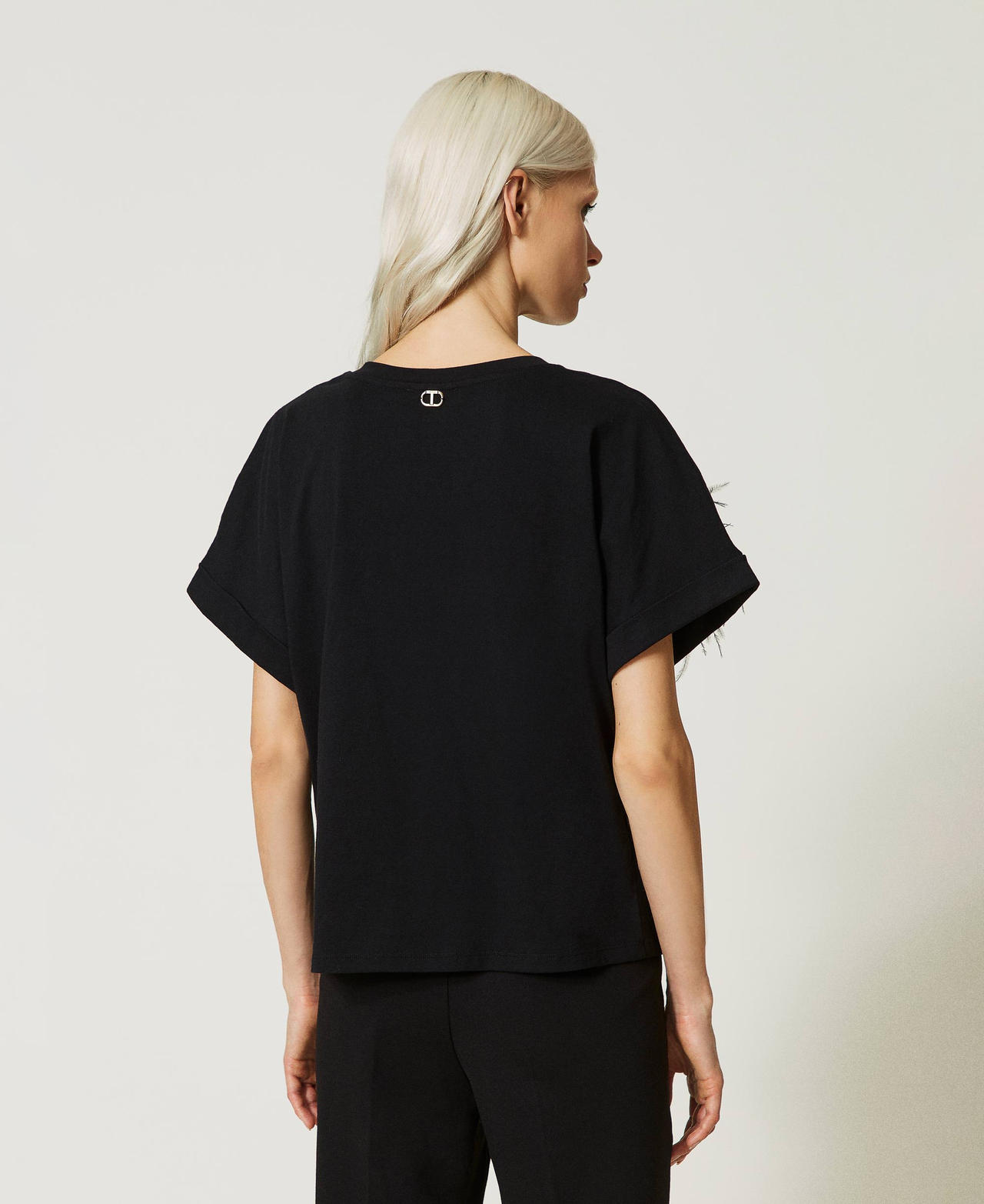 T shirt con piume Donna Nero TWINSET Milano