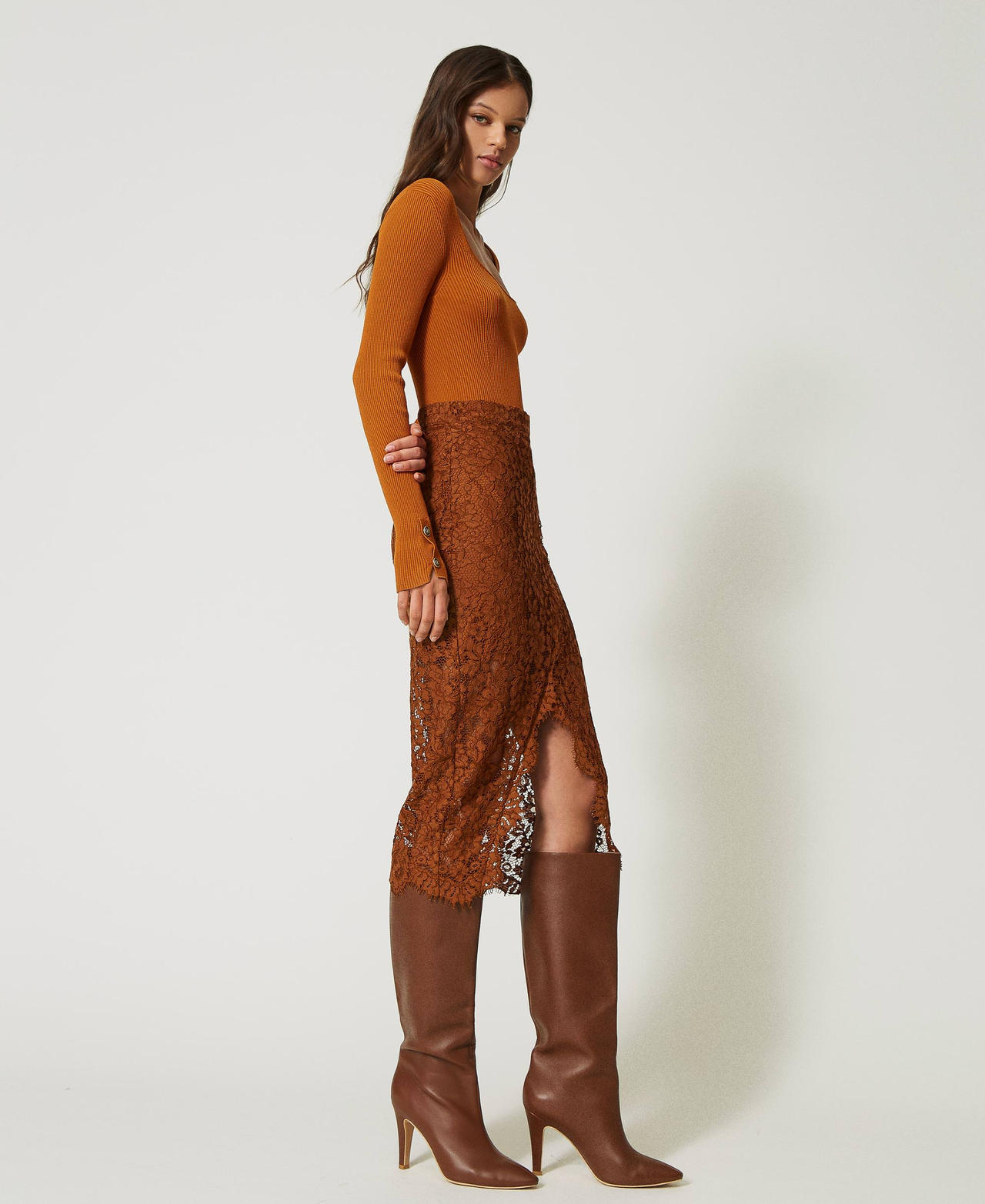 Gonna longuette in pizzo macramè Leather Brown Donna 232TP2484_10785_03