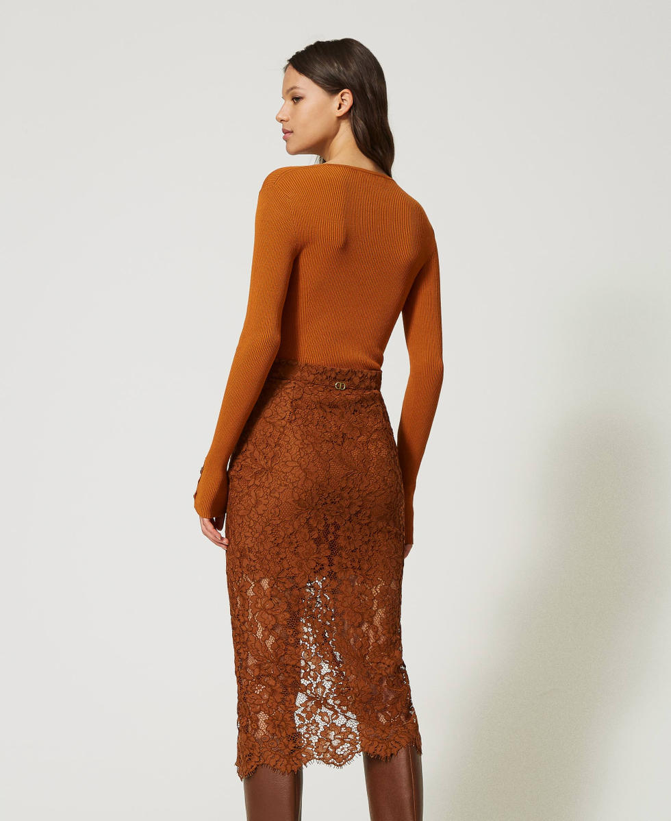 Gonna longuette in pizzo macrame Donna Marrone TWINSET Milano