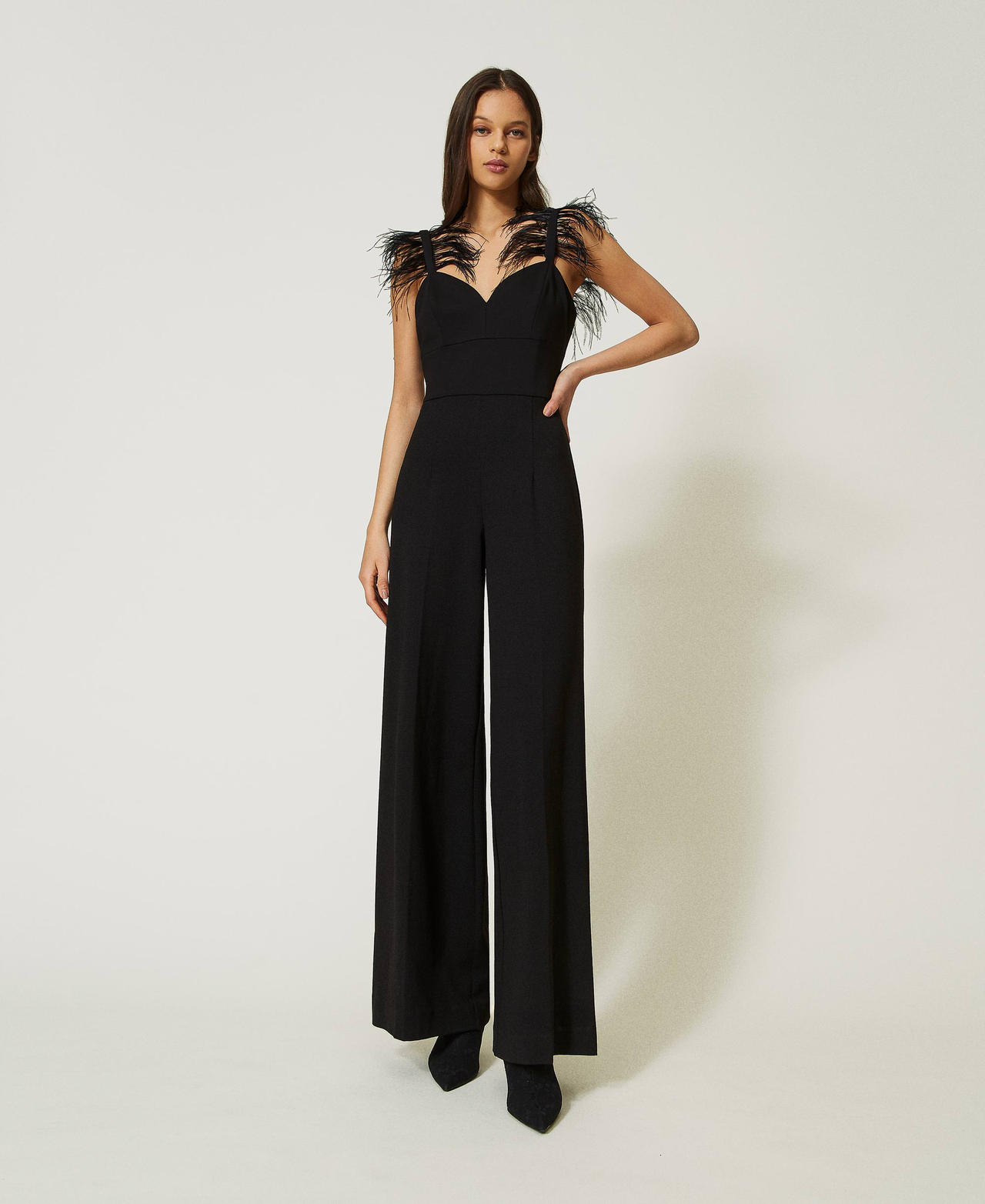 Long jumpsuit with feathers Woman Black TWINSET Milano