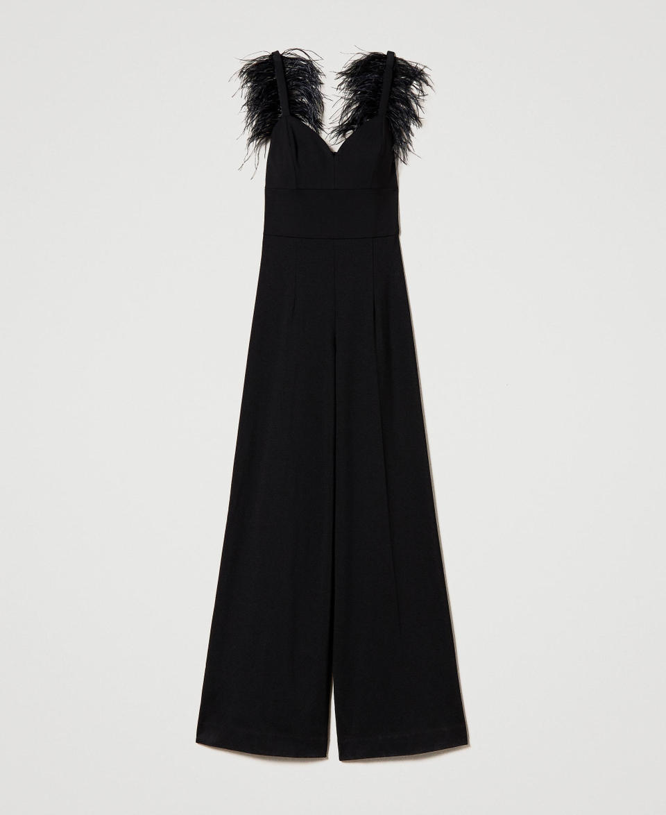Long jumpsuit with feathers Black Woman 232TP2491_00006_0S