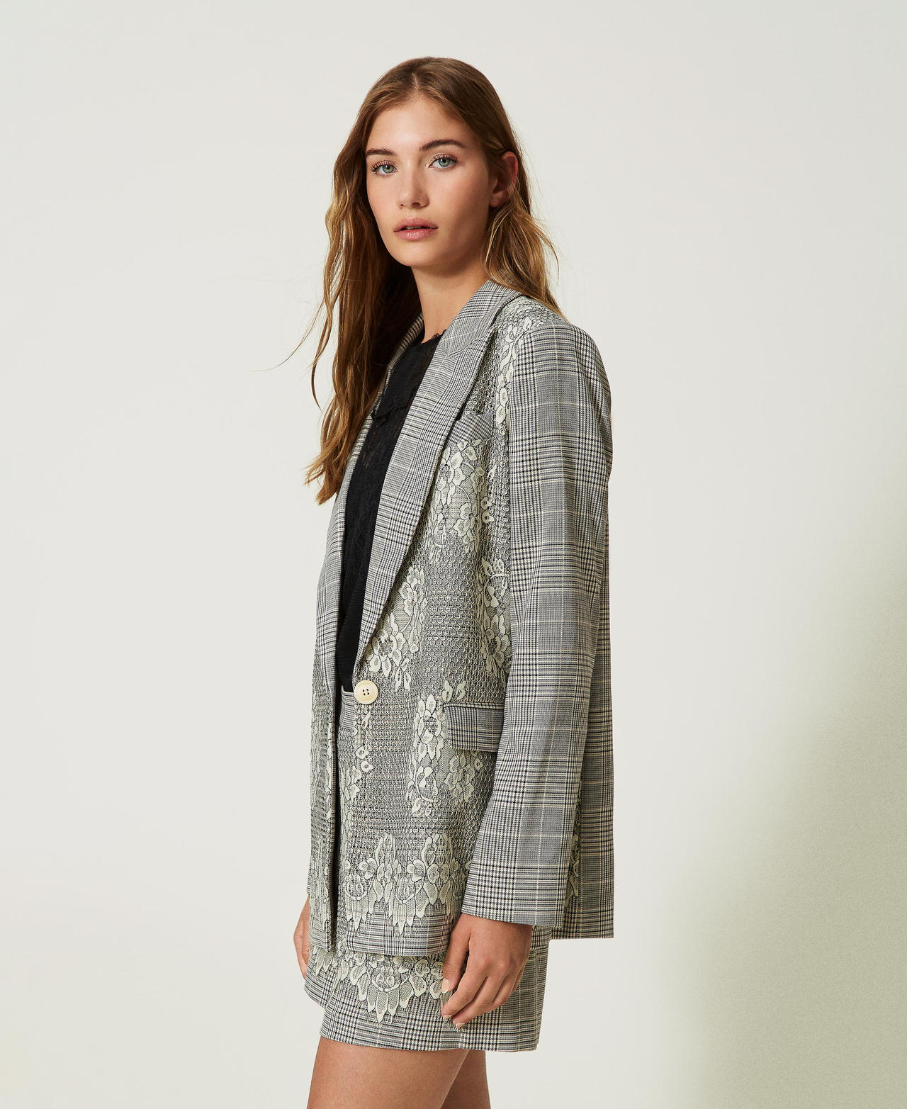 Glen plaid blazer with lace