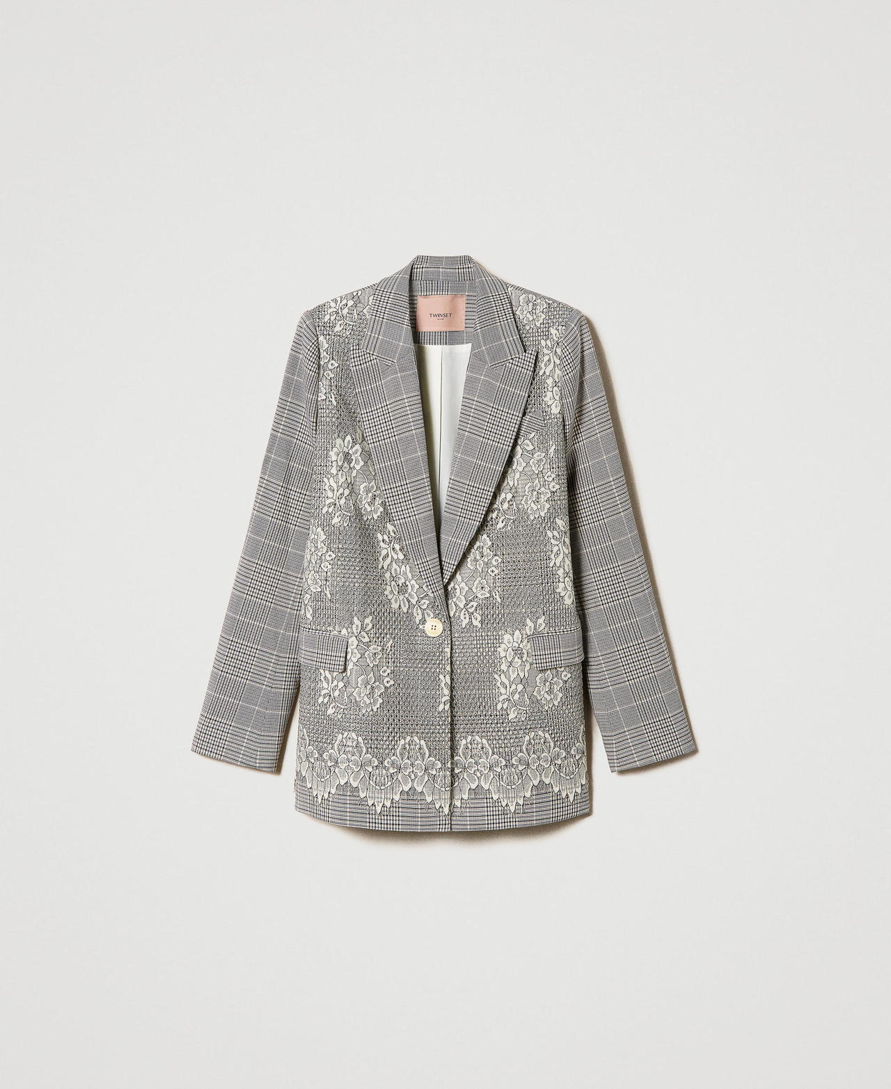Blazer mit Prince-of-Wales-Muster und Spitze