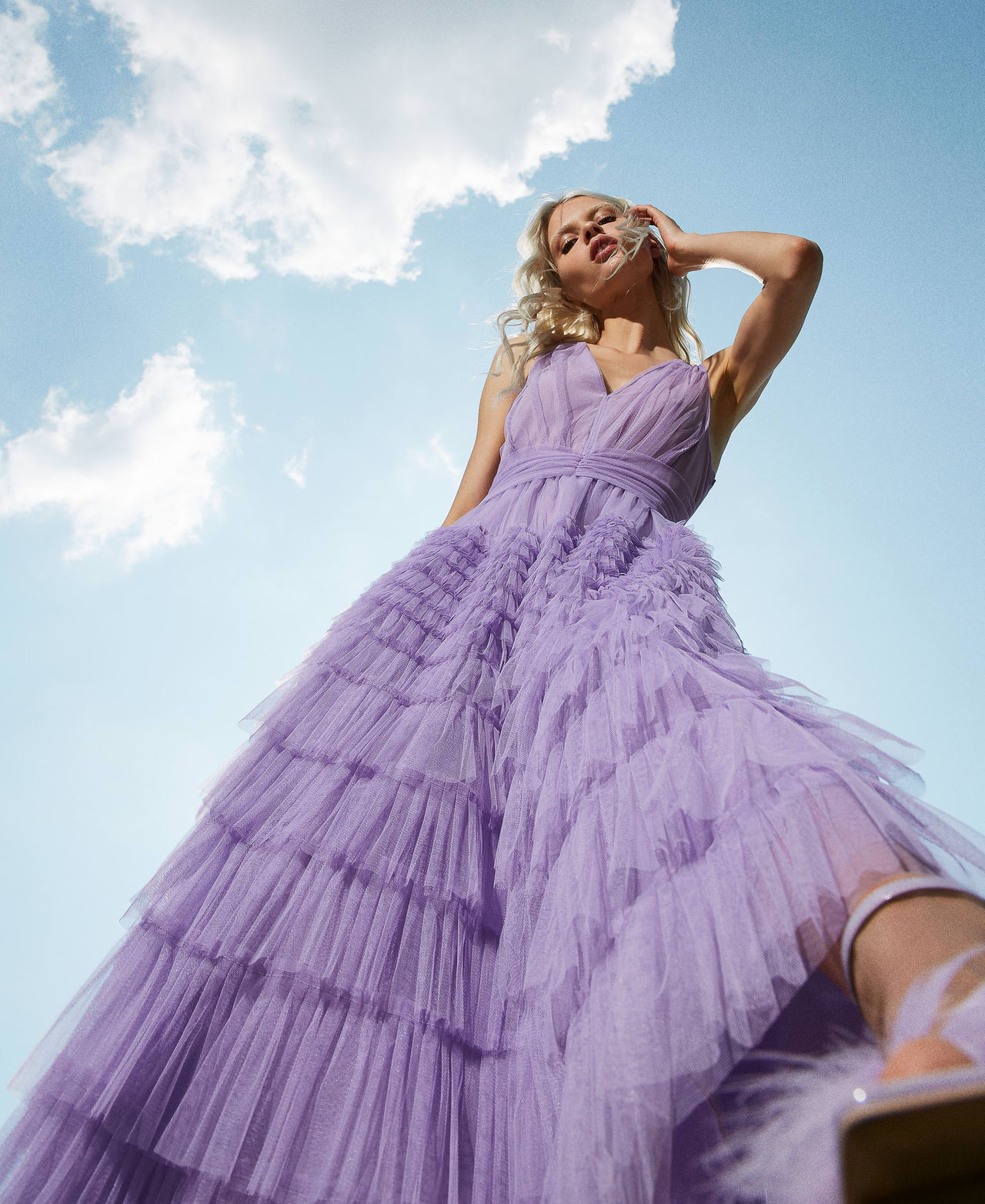 Midi tulle dress with flounces Woman, Purple