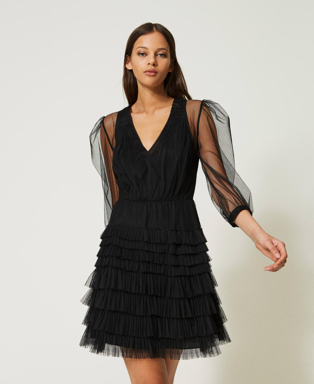 Short tulle dress with flounces Woman, Black | TWINSET Milano Short tulle dress with flounces Woman, Black | TWINSET Milano