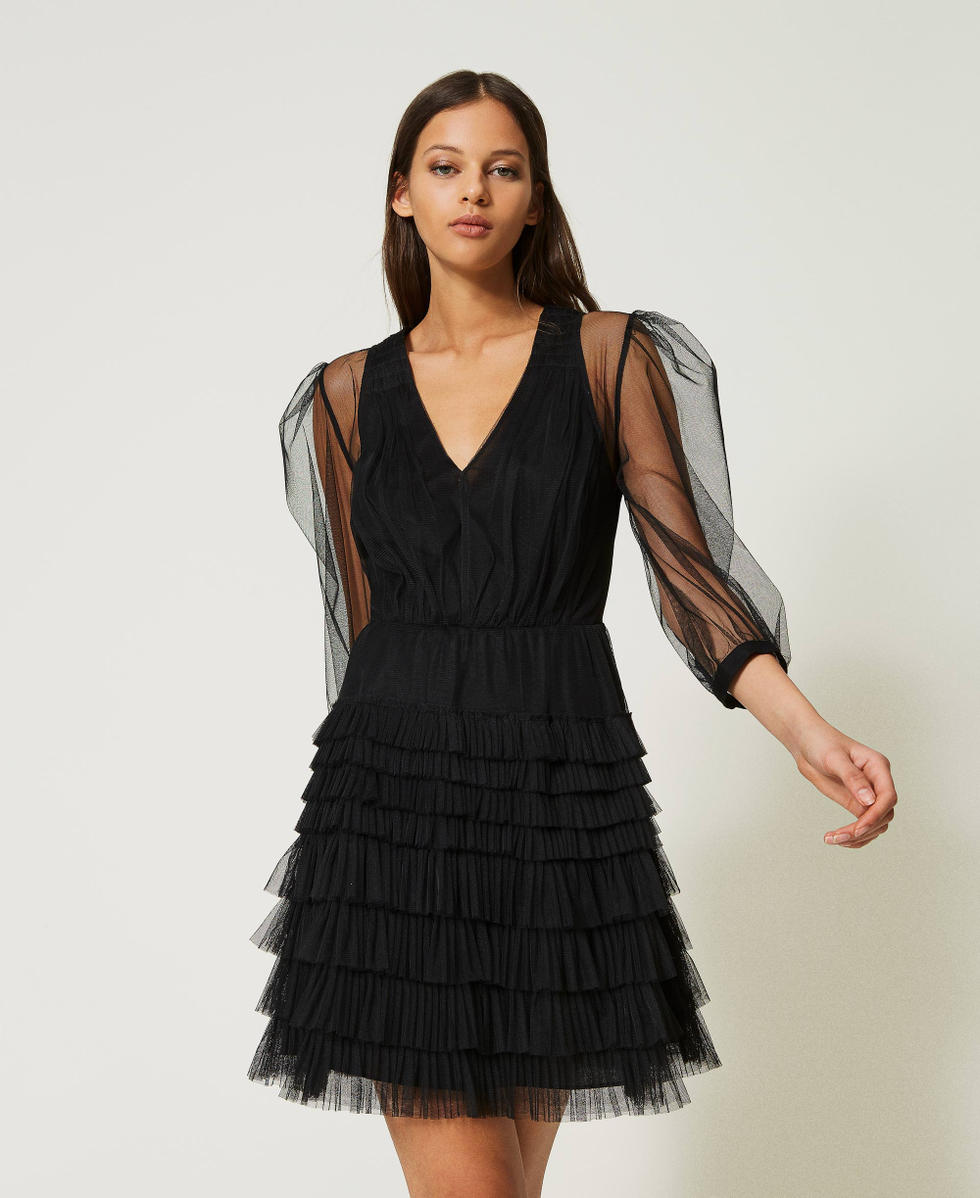 Short tulle dress with flounces Woman Black TWINSET Milano