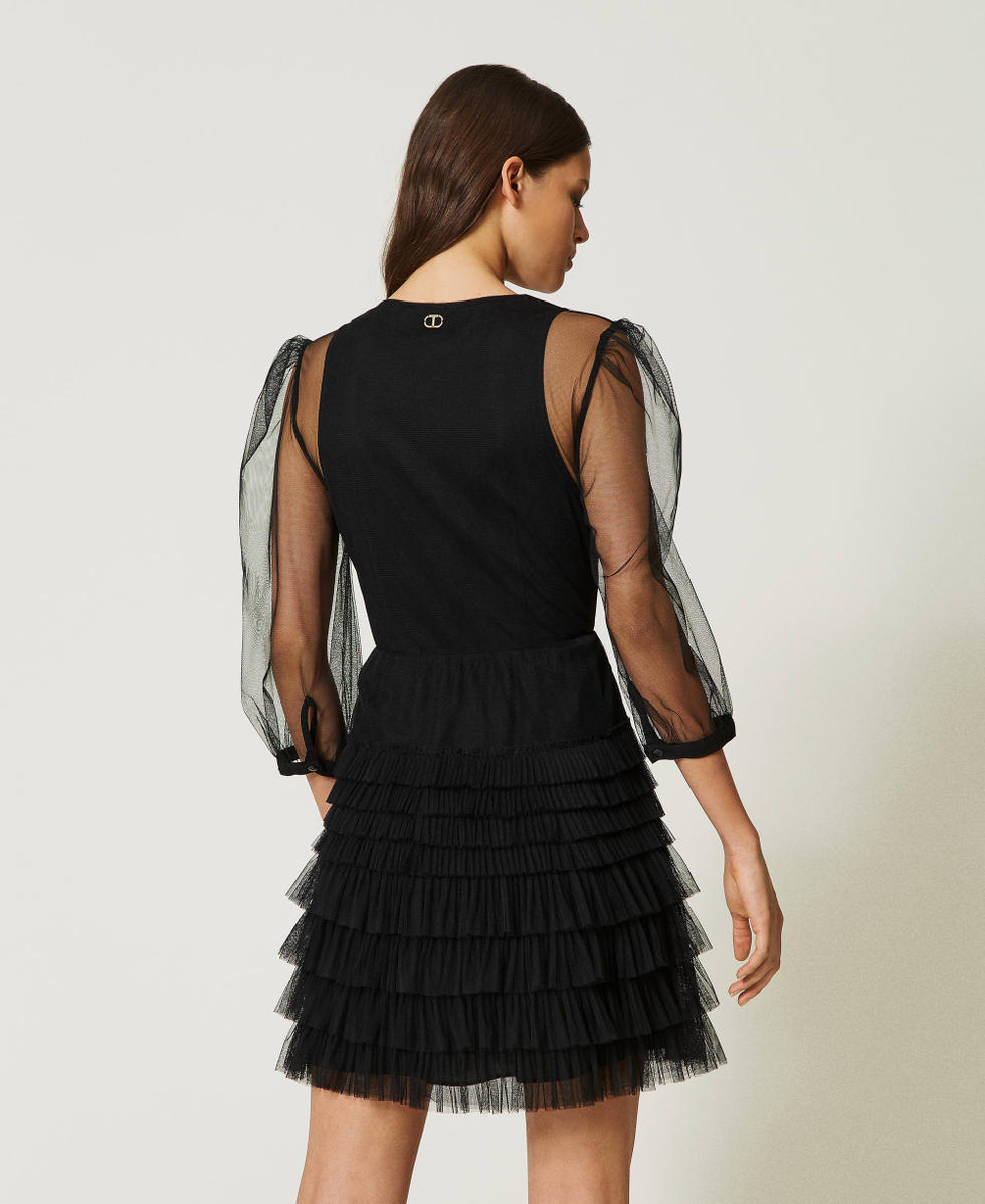 Kurzes Kleid aus T&uuml;ll mit Volants Schwarz Frau 232TP2641_00006_03