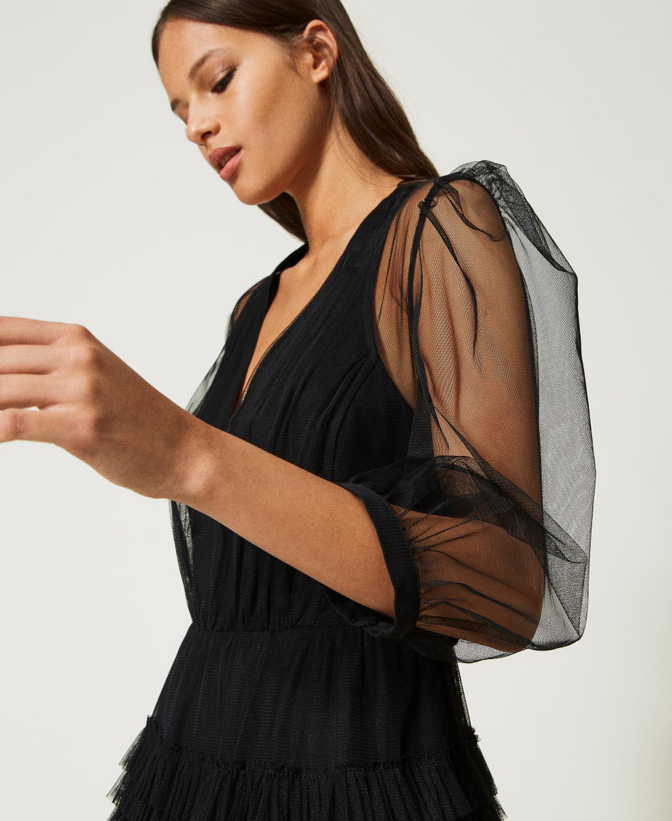 Kurzes Kleid aus T&uuml;ll mit Volants Schwarz Frau 232TP2641_00006_04