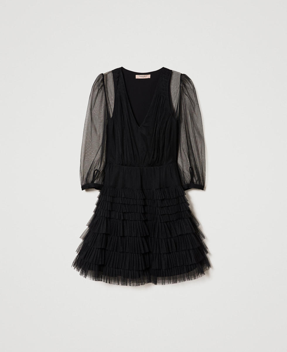 Kurzes Kleid aus T&uuml;ll mit Volants Schwarz Frau 232TP2641_00006_S0