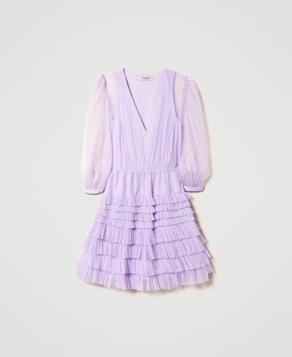 Kurzes Kleid aus Tüll mit Volants Lavendellila Frau 232TP2641-0S