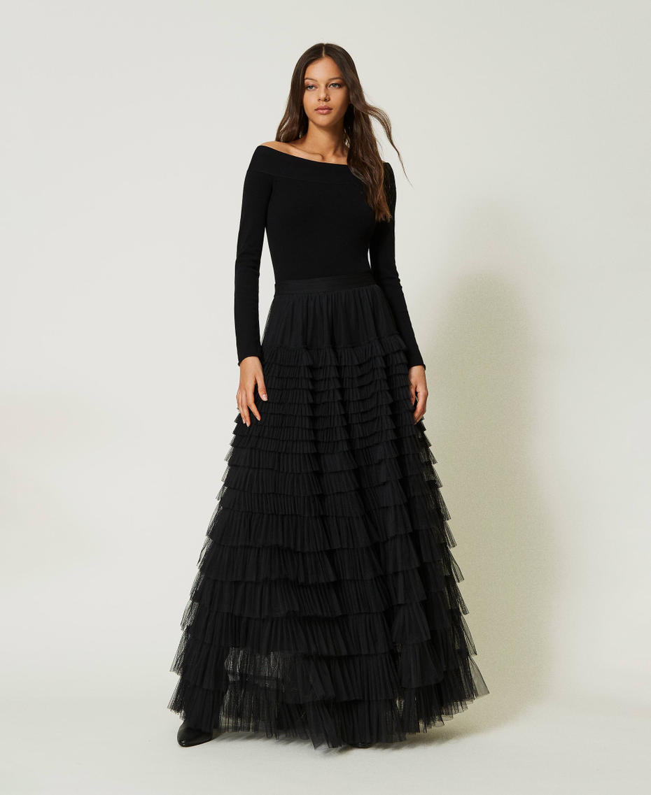 Long tulle skirt with flounces Black Woman 232TP2642_00006_01