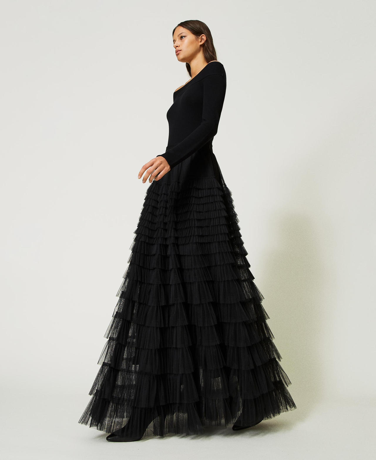 Long tulle skirt with flounces Black Woman 232TP2642_00006_02
