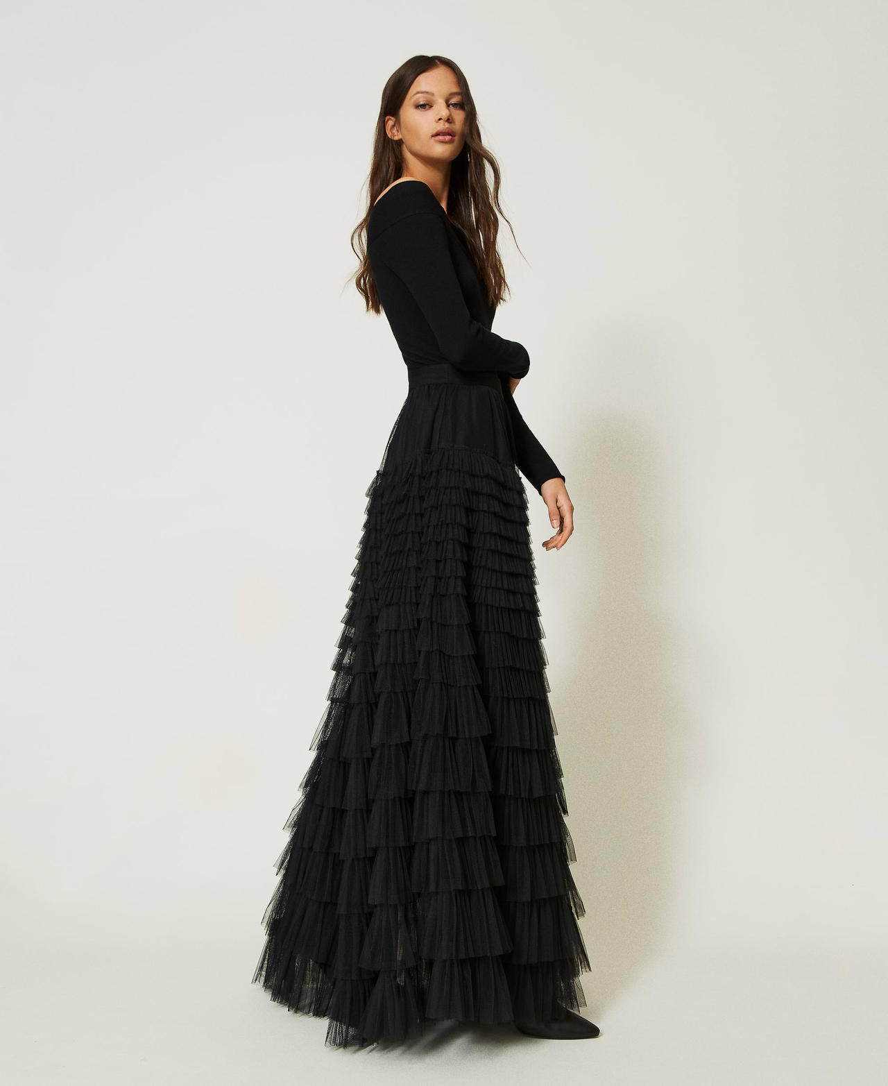 Long tulle skirt with flounces Black Woman 232TP2642_00006_03
