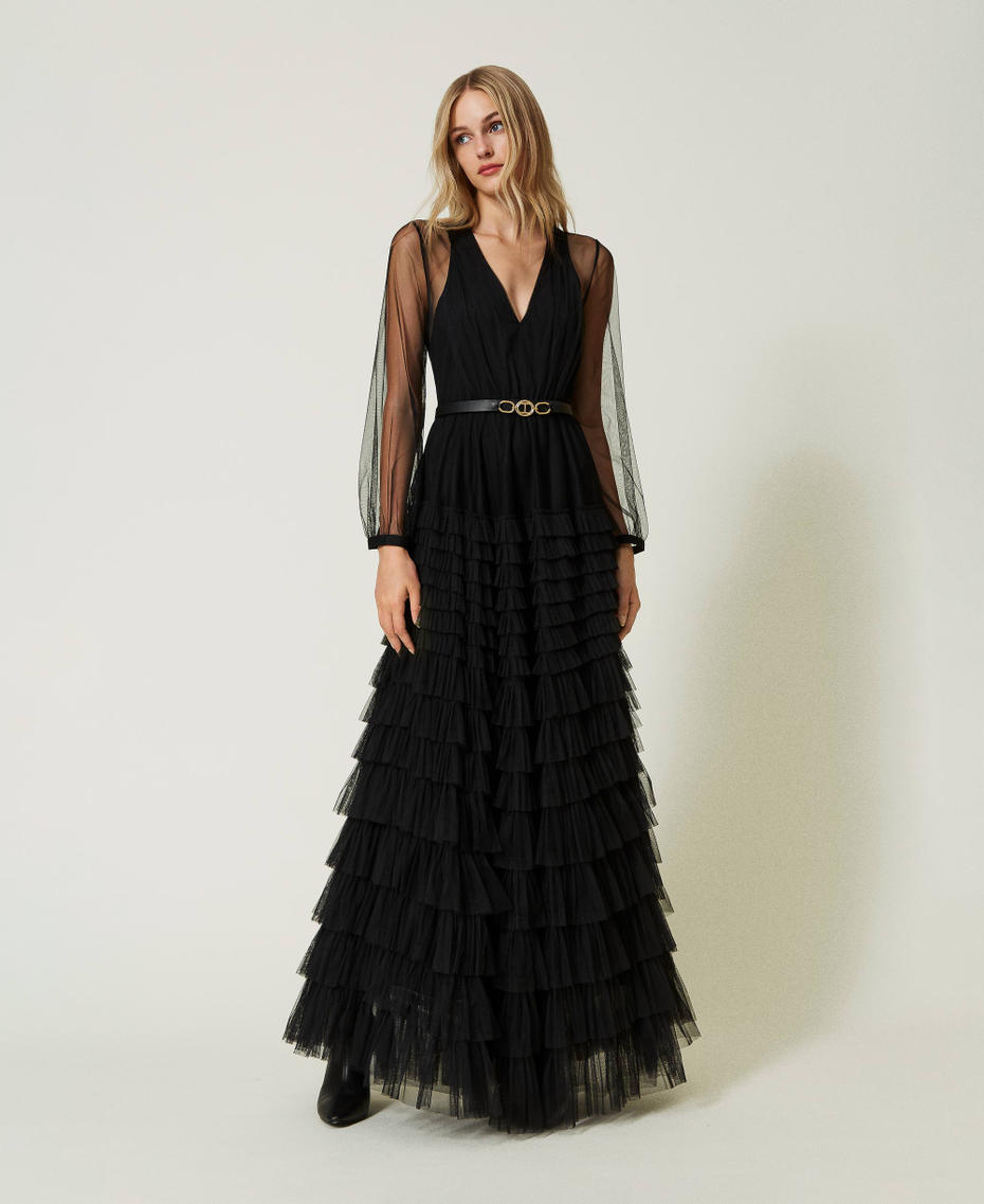 Long tulle dress with flounces Black Woman 232TP2643-01