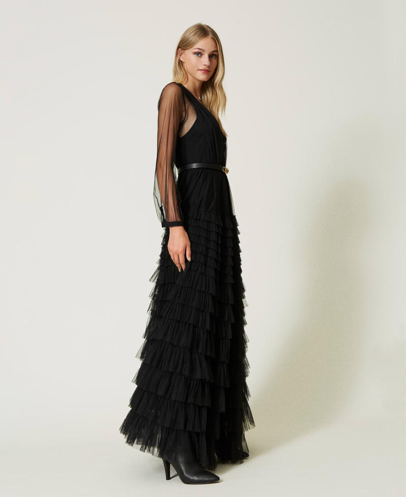 Long tulle dress with flounces Black Woman 232TP2643-02