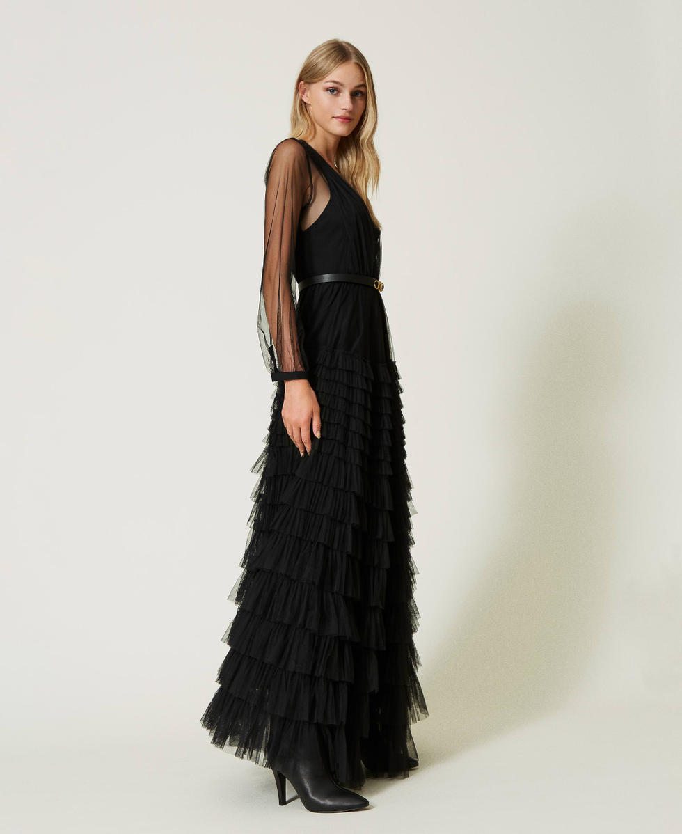 Robe longue en tulle avec volants Femme Noir TWINSET Milano