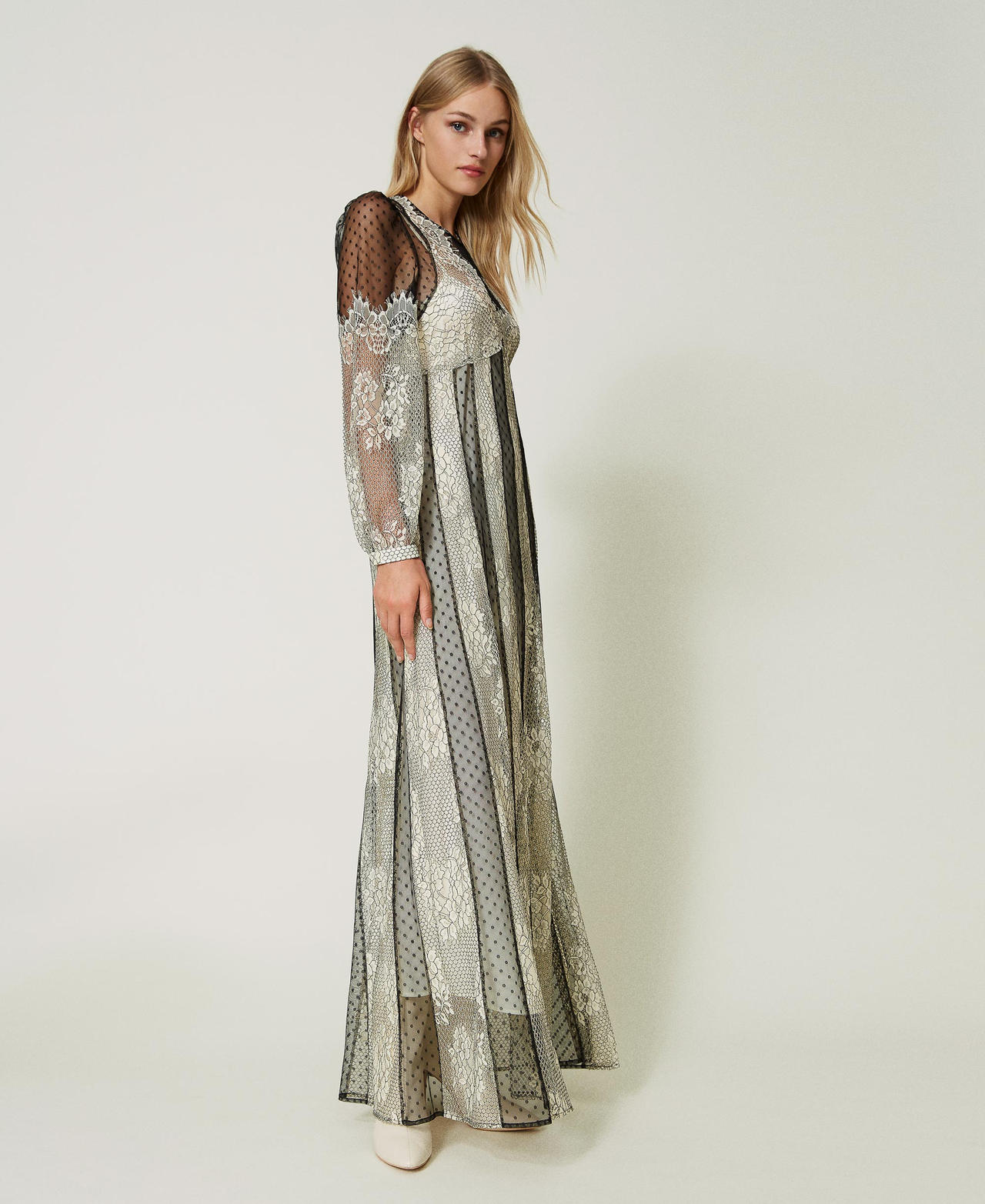 Long plumetis tulle and lace dress