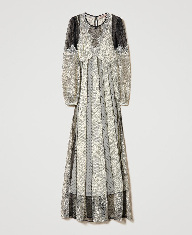 Vestido maxi de encaje y tul con escote ilusión Marrón