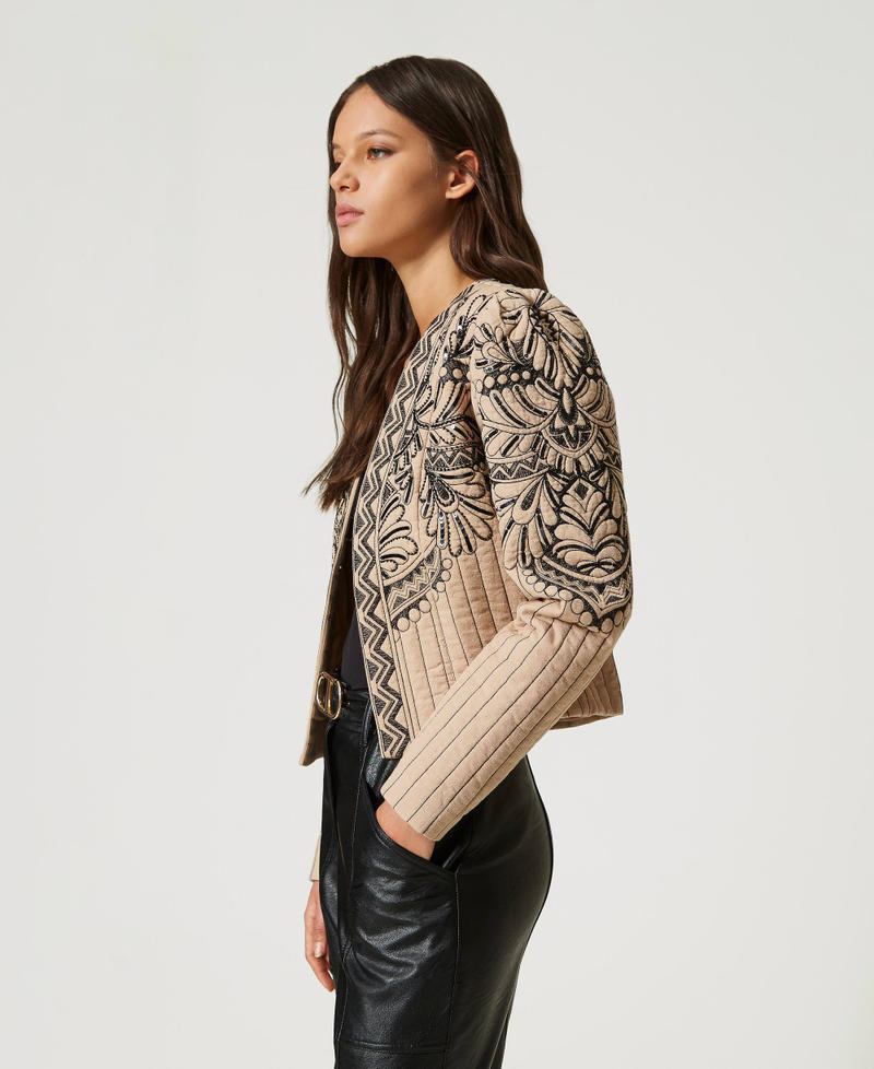 Quilted jacket with handmade embroidery Black/ “Iced Coffee” Brown Animal Print Woman 232TP2670-02