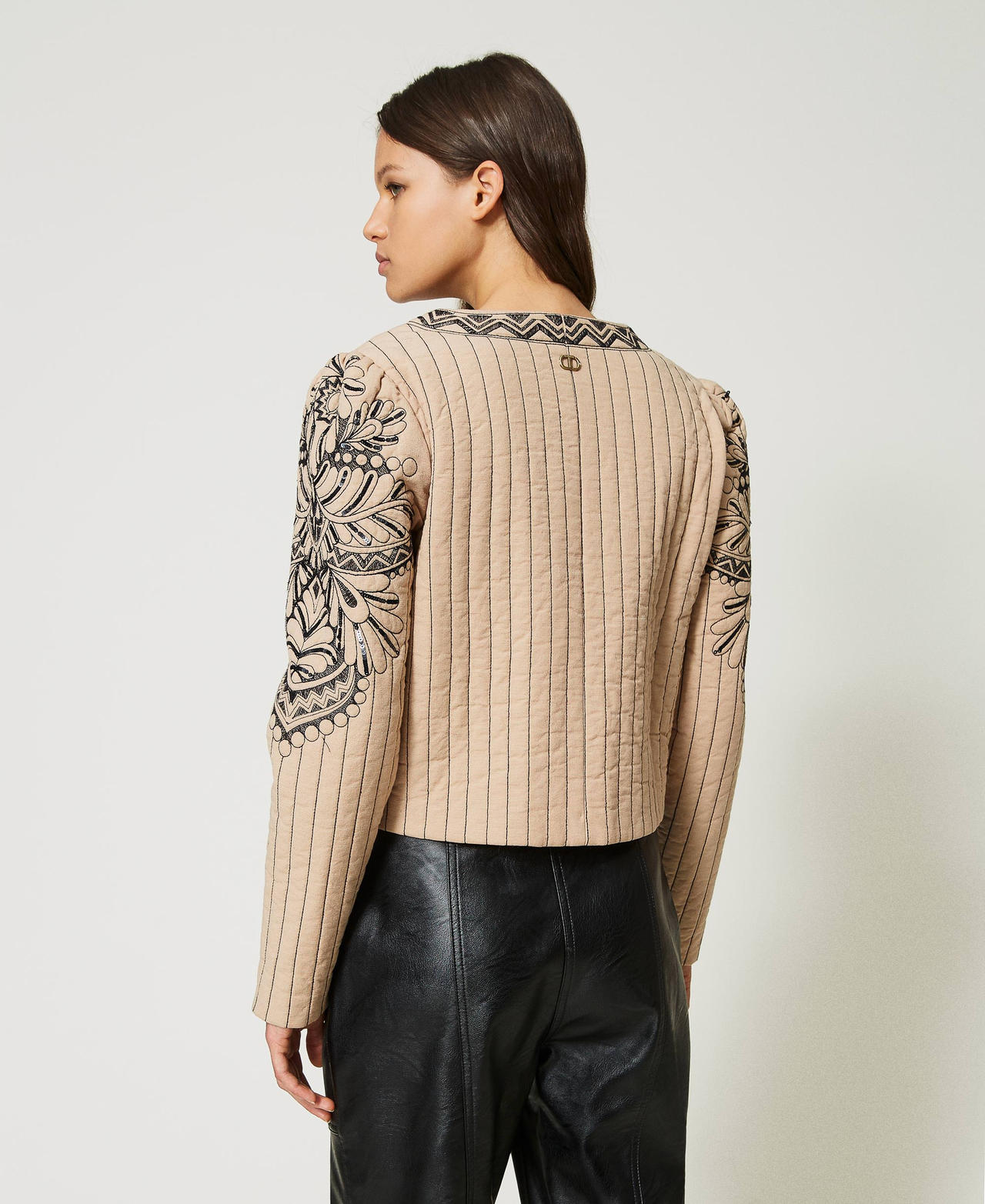 Quilted jacket with handmade embroidery Woman, Brown | TWINSET Milano