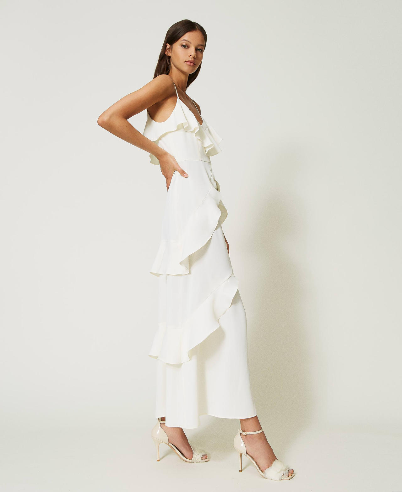 Cady cr&ecirc;pe slip dress with ruffles