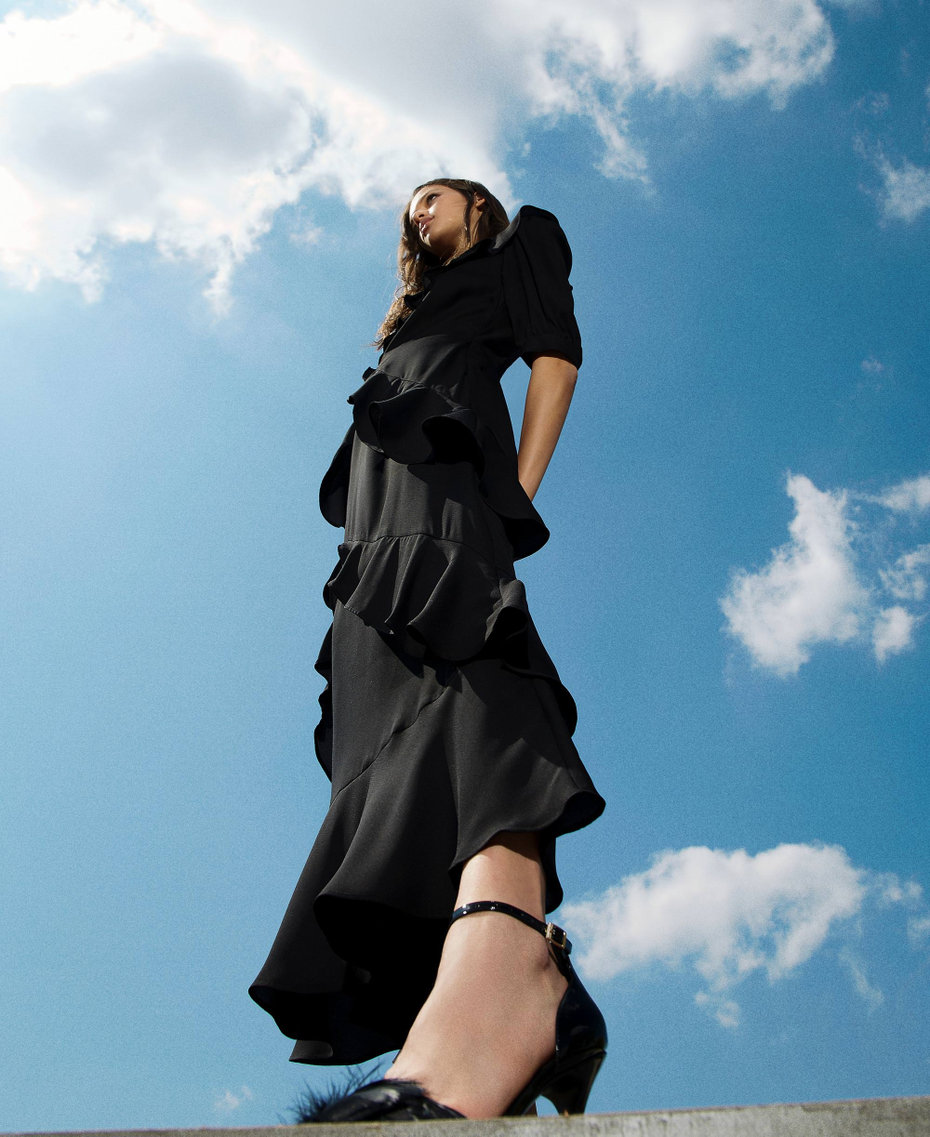 Long cady crêpe slip dress with ruffles