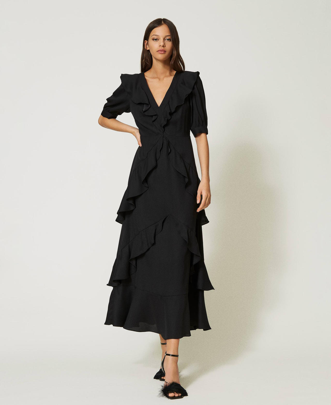 Long cady crêpe slip dress with ruffles