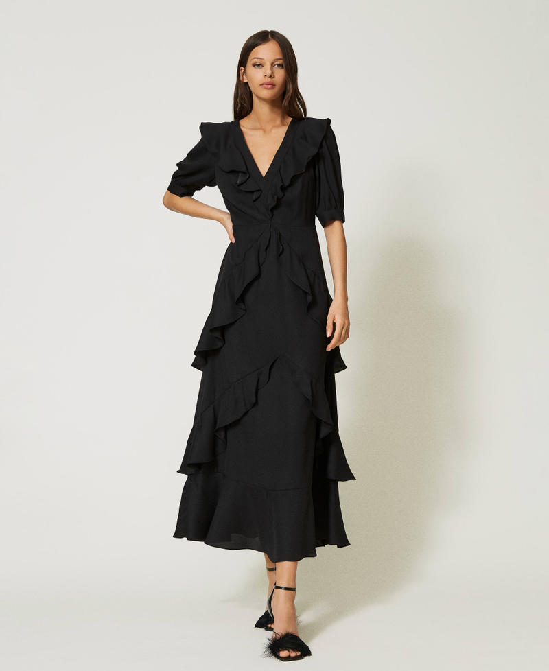 Long cady crêpe slip dress with ruffles