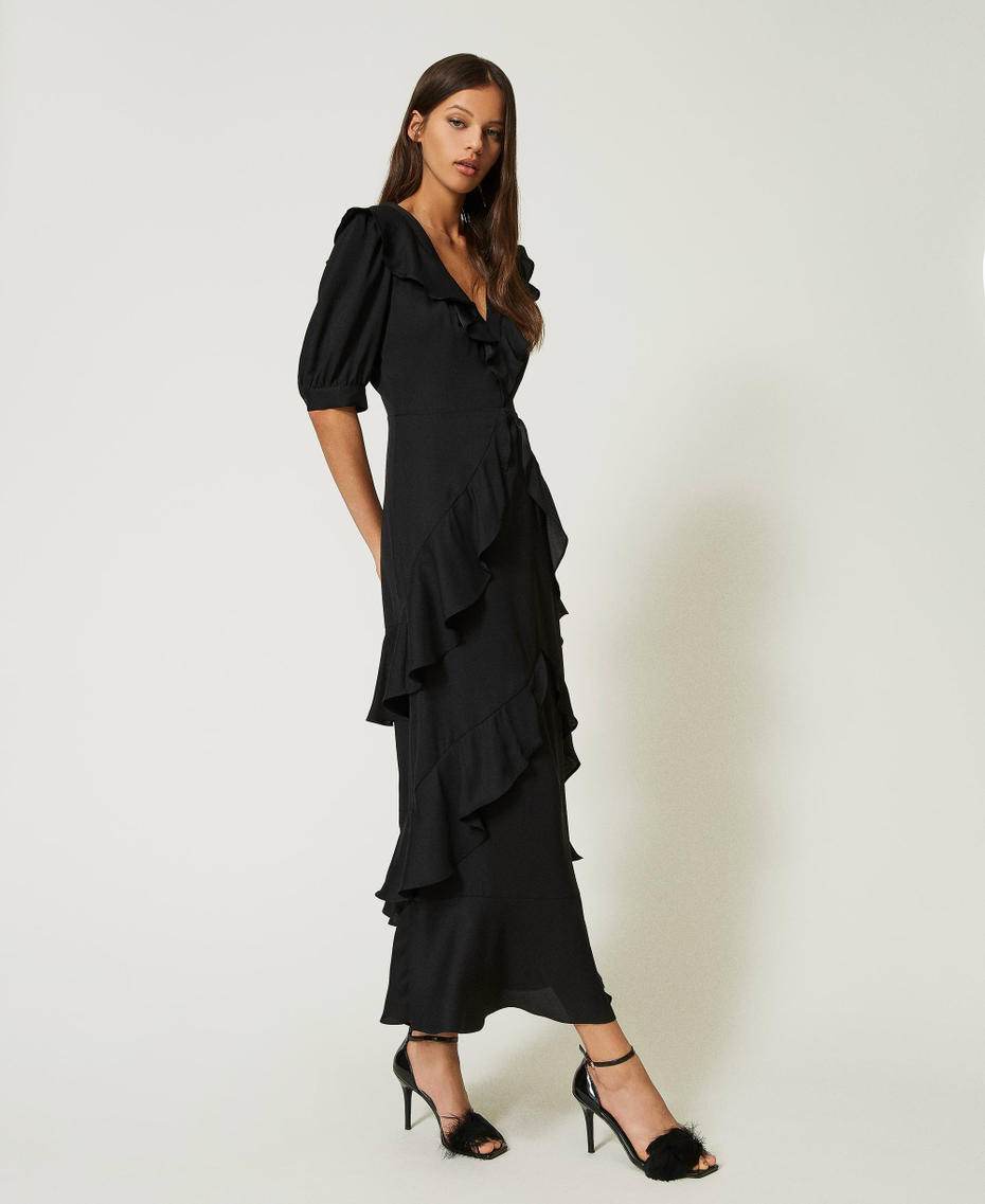 Long cady crêpe slip dress with ruffles