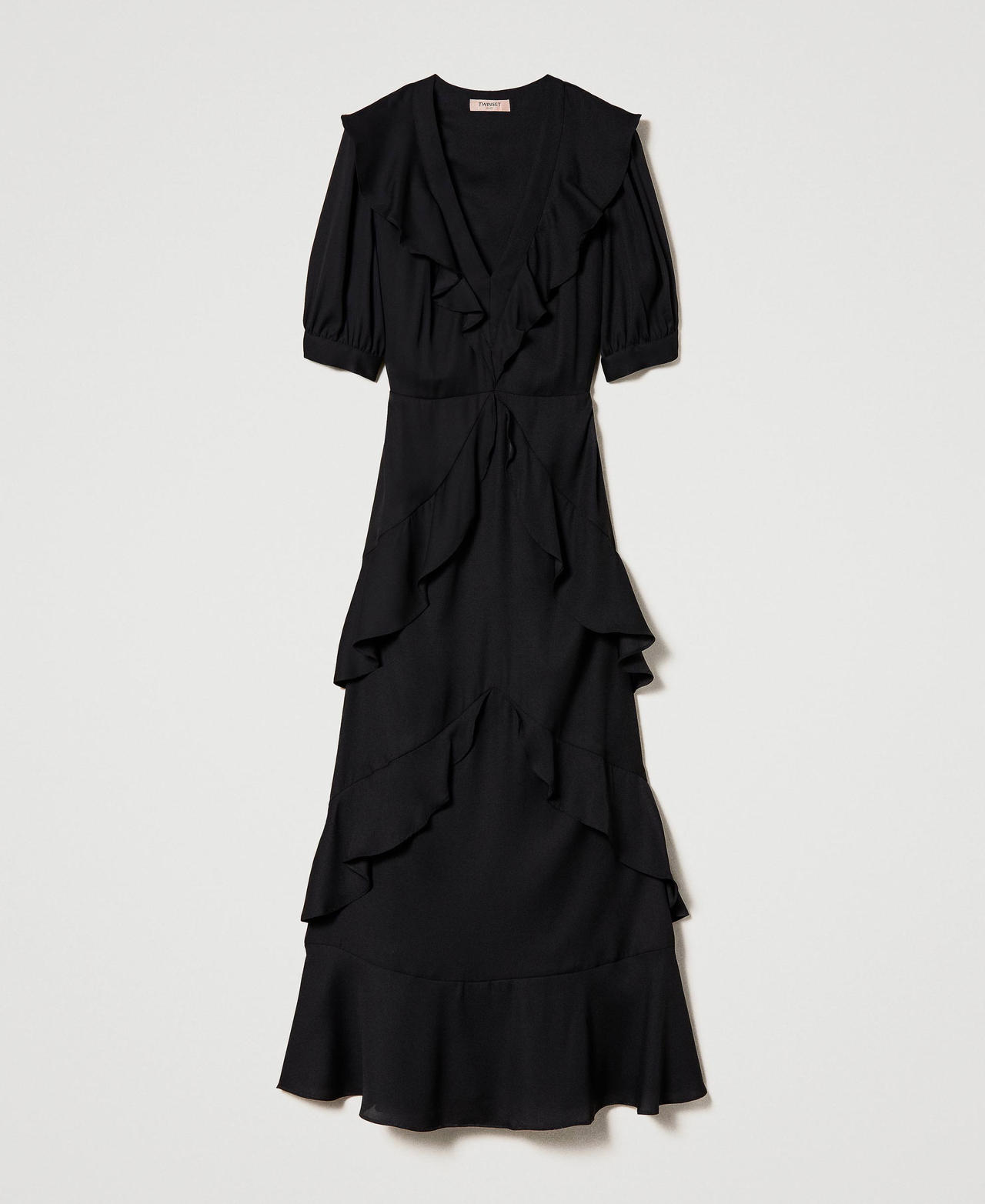 Long cady crêpe slip dress with ruffles