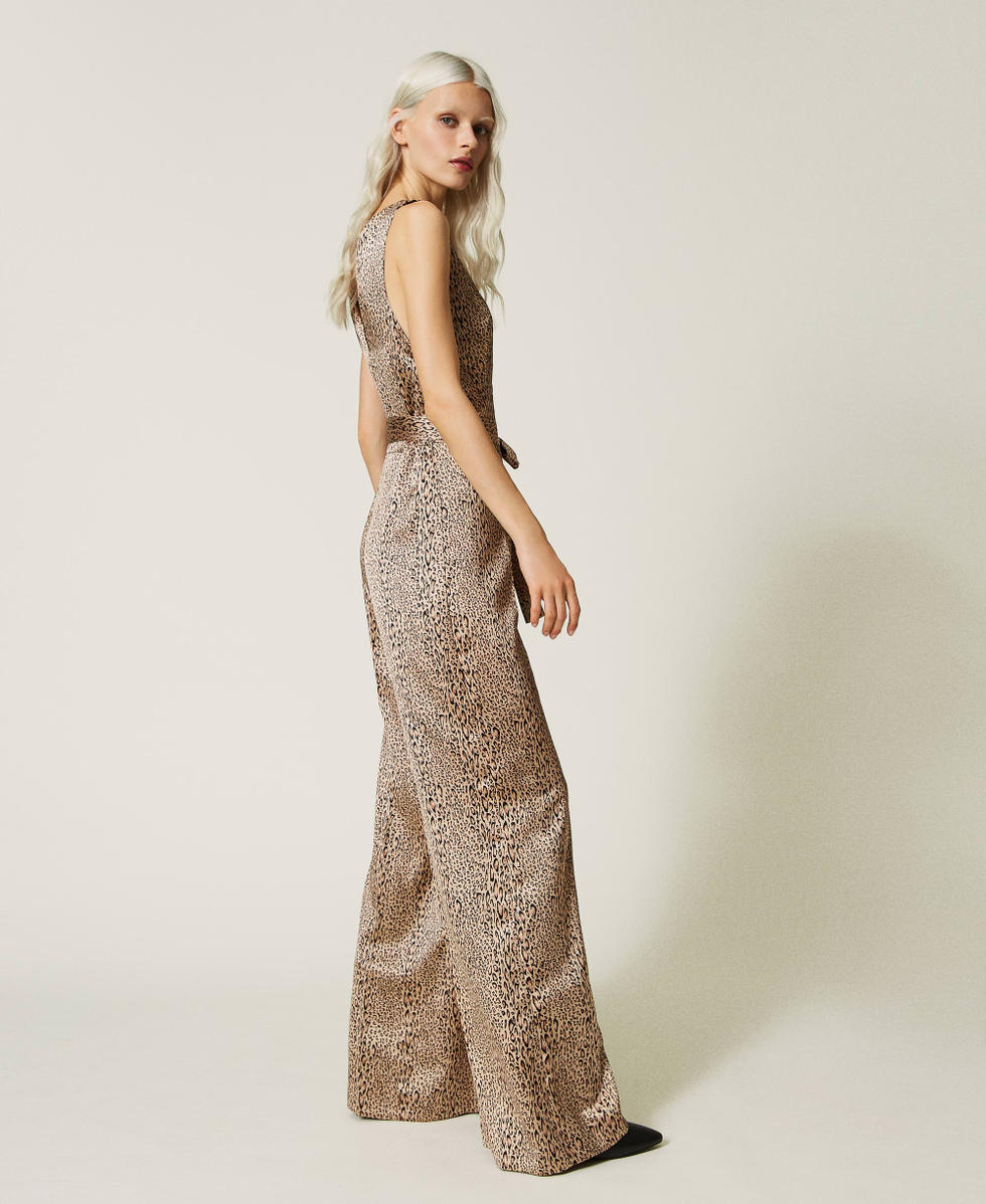 Long satin jumpsuit with animal print