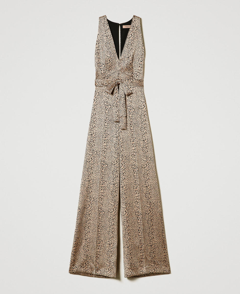 Long satin jumpsuit with animal print