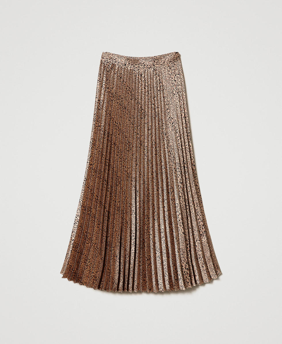 Long pleated satin skirt with animal print Animal Print Black/ &ldquo;Iced Coffee&rdquo; Brown Woman 232TP2733_10833_S0
