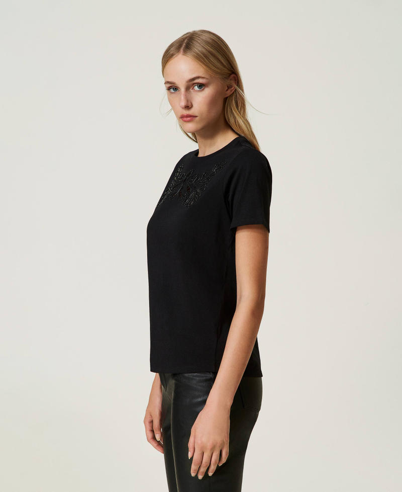 Blouse T-shirt Femme Satinée Broderie Noire - Taille L (FR44/US12/UK16/EUR42) - Occasion