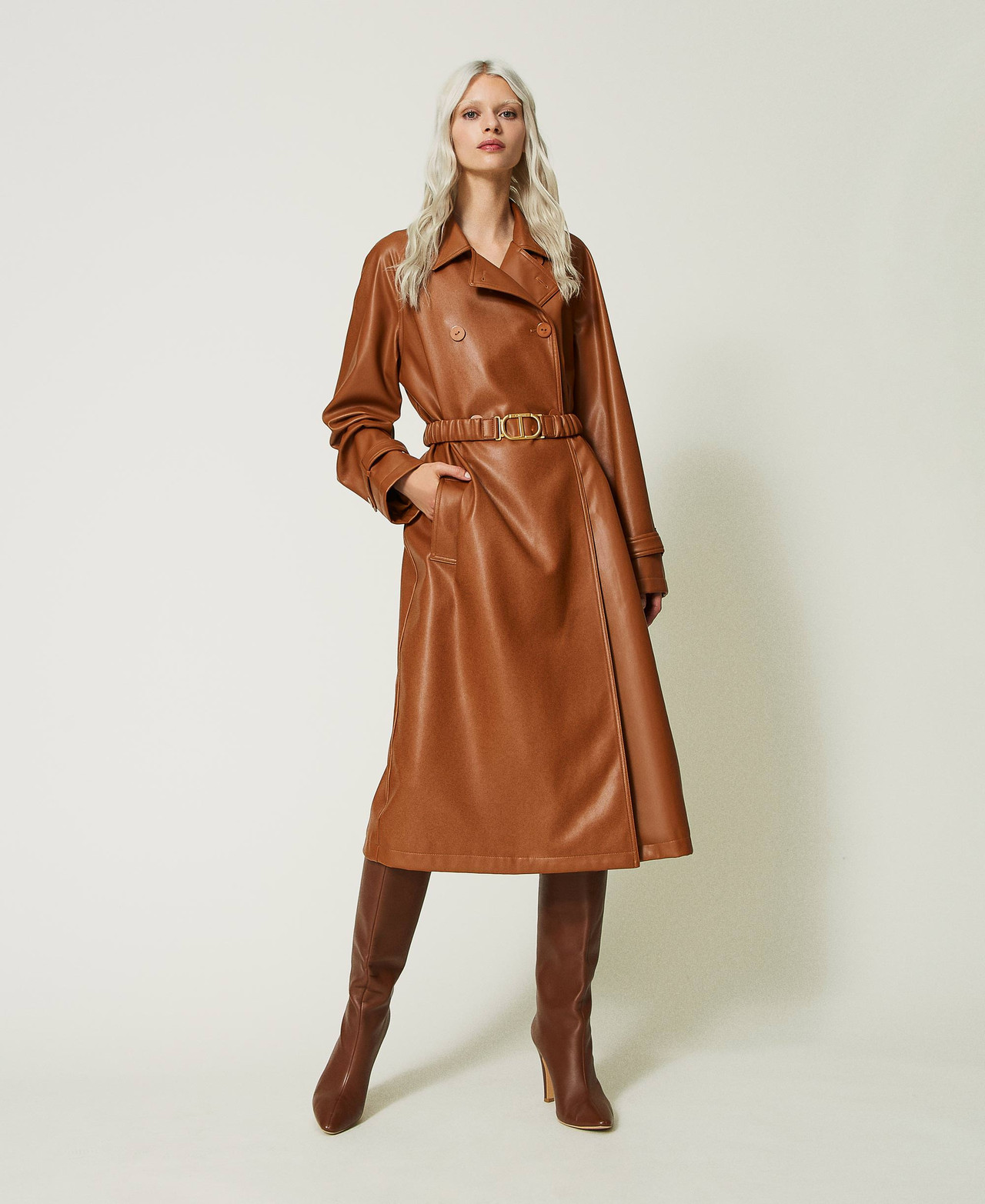 Trench effetto pelle con cintura elastica Donna, Marrone | TWINSET Milano