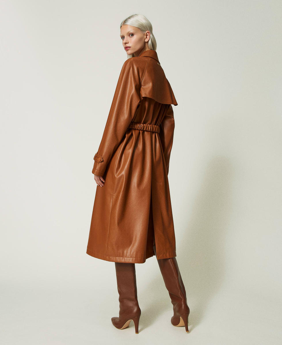 Leather-like trench coat with elasticated belt Leather Brown Woman 232TP2900_10785_03